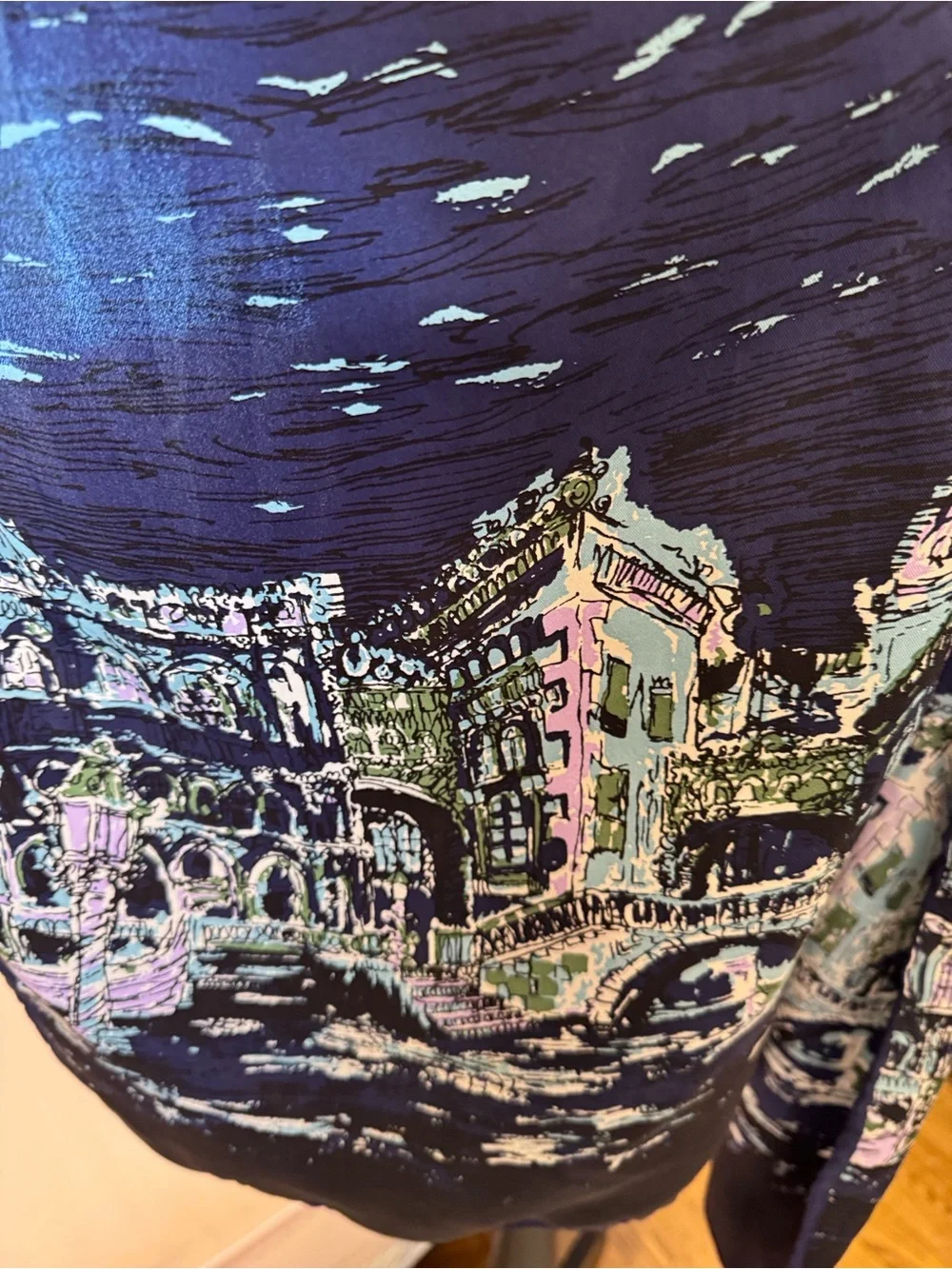 Talbots Venezia Blue and Navy Scenic Print Silk Scarf